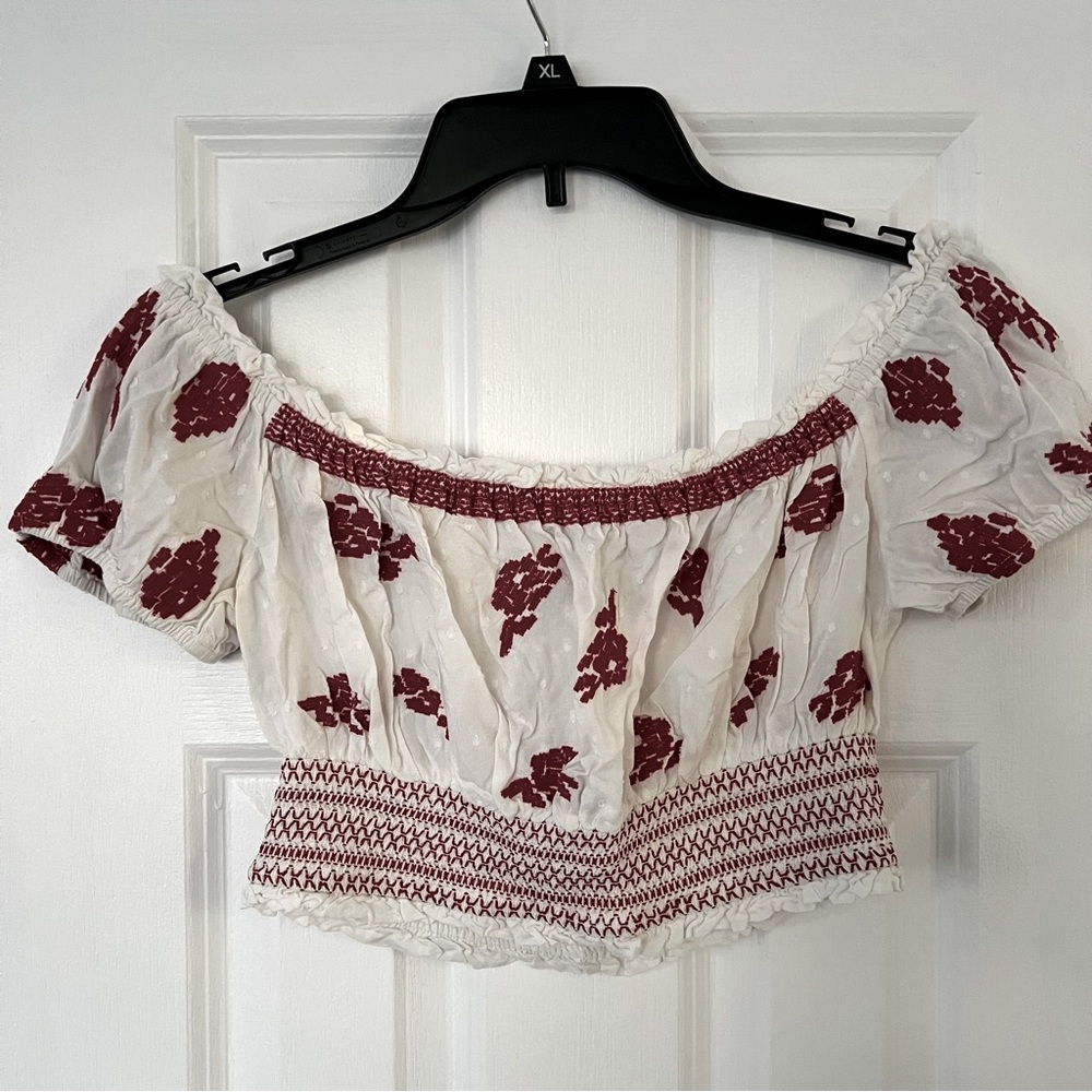 Forever 21 White and Red Cropped Off Shoulder Top